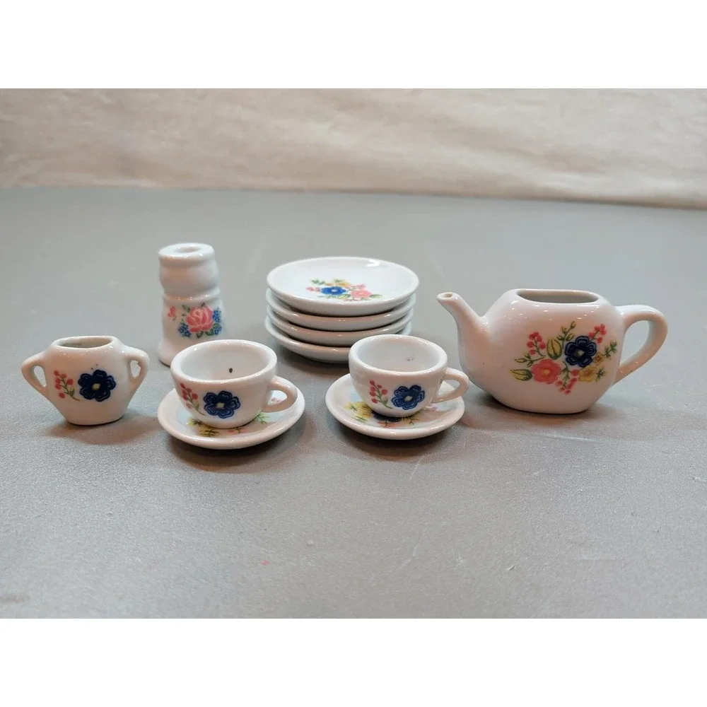 Vintage Miniature Porcelain Tea Set 13pc Floral Strombecker Keywick Dollhouse